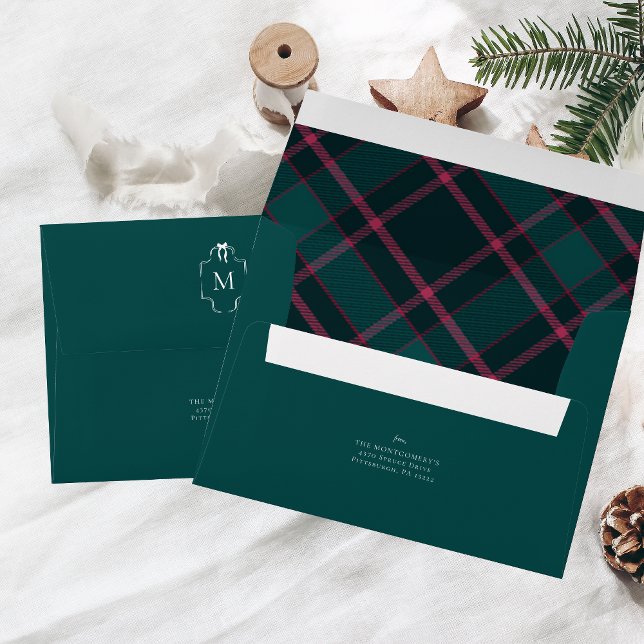 Green & Pink Tartan | Coquette Bow Monogram  Envelope (Creator Uploaded)