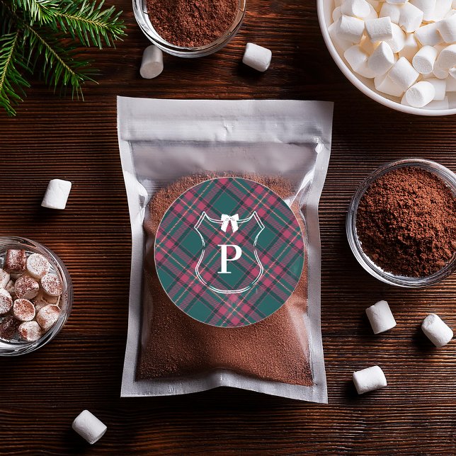 Green & Pink Tartan | Custom Monogram Holiday Classic Round Sticker (Creator Uploaded)