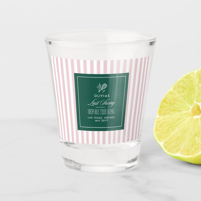 Green pink Tennis Bachelorette elegant modern Shot Glass (Front)
