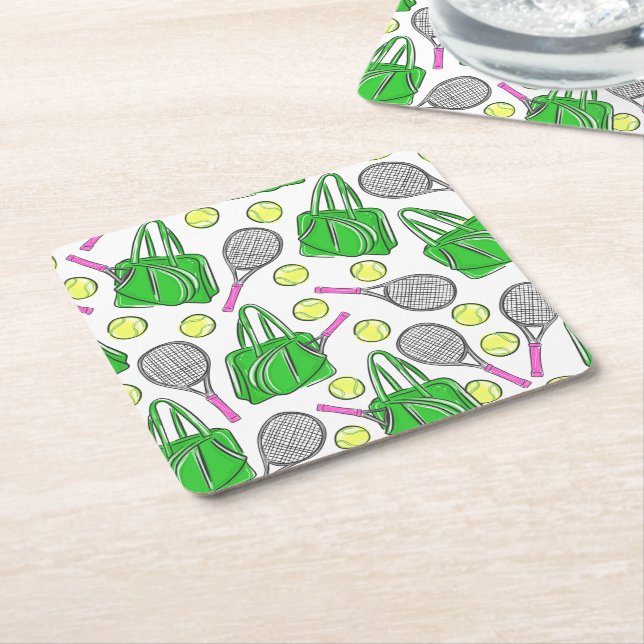 Green Pink Tennis Preppy Square Paper Coaster (Angled)