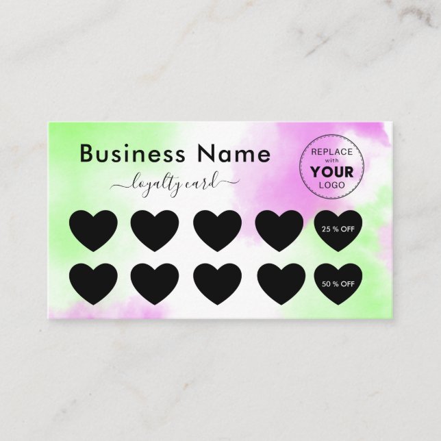 Green Pink Tie Dye Add Logo Discount Minimal Girly Loyalty Card (Front)