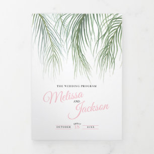 Green pink tropical palm fronds watercolor wedding Tri-Fold programme