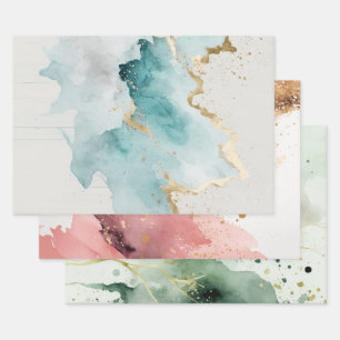 Green, pink, turquoise and gold marble watercolor wrapping paper sheet