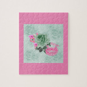 Green & Pink Vintage Teacup & Roses Jigsaw Puzzle