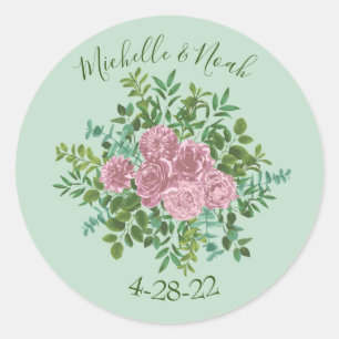 Green & Pink Vintage Wedding Floral Pastel Classic Round Sticker