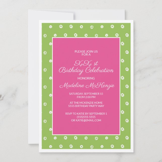 Green Pink w/ White Dots Birthday Party Invitation (Front)