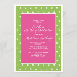 Green Pink w/ White Dots Birthday Party Invitation