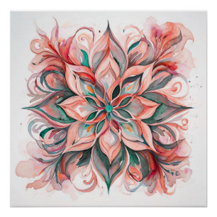 Green & Pink Watercolor Floral boho Mandala Poster