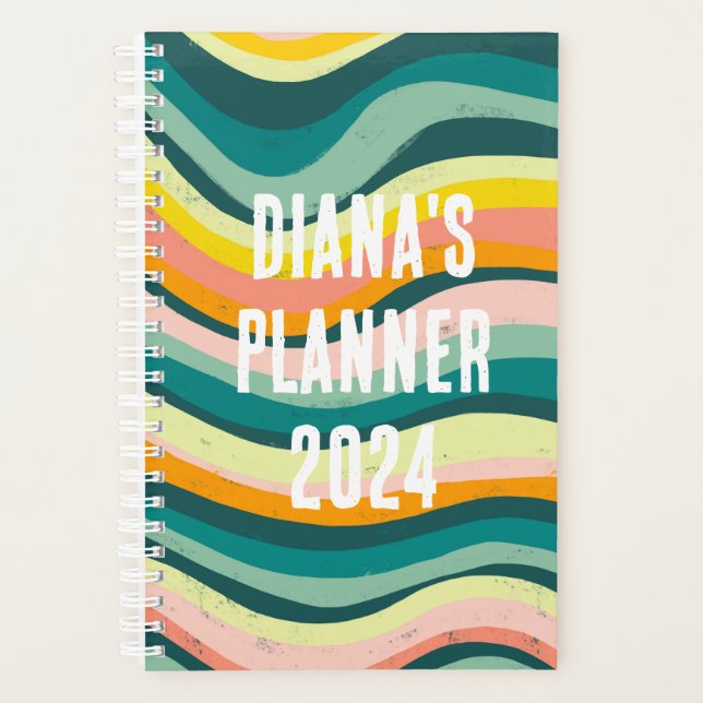 Green Pink Waves Stripes Colourful Bold CUSTOM Planner (Front)