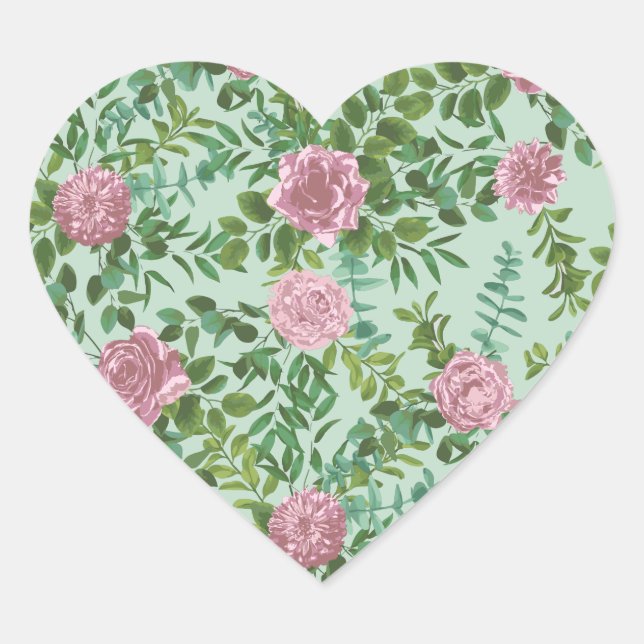 Green & Pink Wedding Pastel Light Floral Heart Sticker (Front)