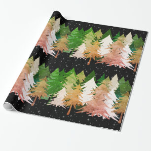 Green Pink White Christmas Trees Stars Snow Black Wrapping Paper