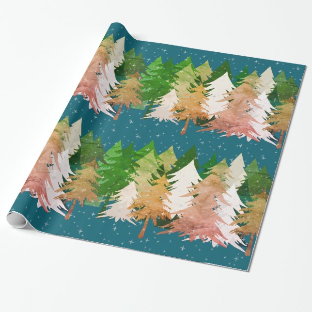 Green Pink White Christmas Trees Stars Snow Teal Wrapping Paper (Unrolled)