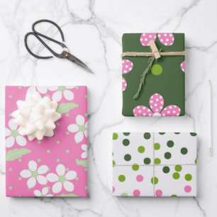 GREEN PINK WHITE DAISY FLOWERS & POLKA DOTS WRAPPING PAPER SHEET