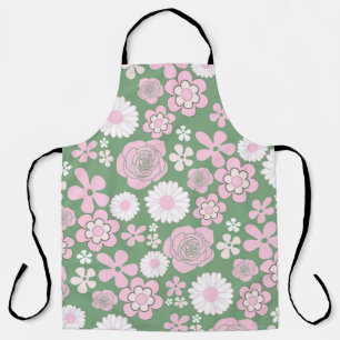 Green Pink White Retro Y2K 70s Flower Pattern Apron