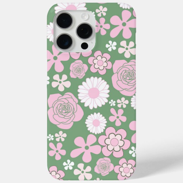 Green Pink White Retro Y2K 70s Flower Pattern Case-Mate iPhone Case (Back)