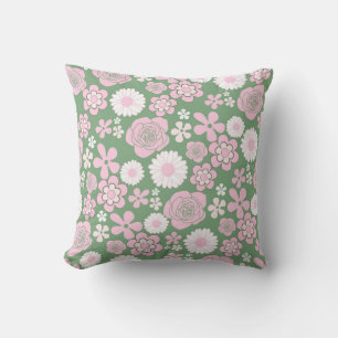 Green Pink White Retro Y2K 70s Flower Pattern Cushion