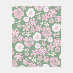 Green Pink White Retro Y2K 70s Flower Pattern Fleece Blanket