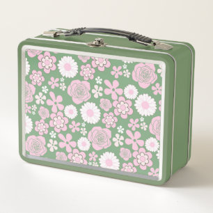 Green Pink White Retro Y2K 70s Flower Pattern Metal Lunch Box
