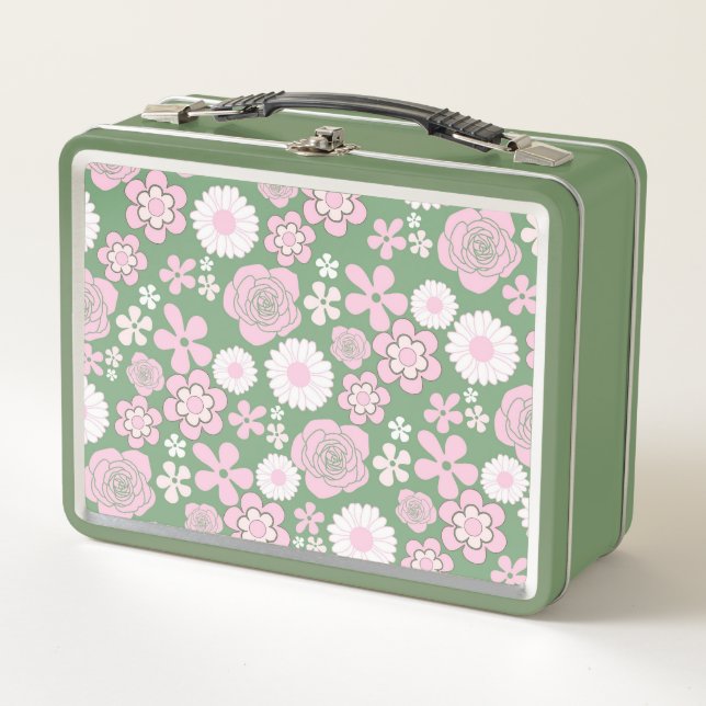 Green Pink White Retro Y2K 70s Flower Pattern Metal Lunch Box (Front)