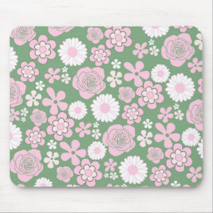 Green Pink White Retro Y2K 70s Flower Pattern Mouse Mat