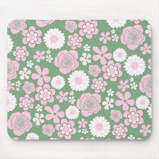 Green Pink White Retro Y2K 70s Flower Pattern Mouse Mat (Front)