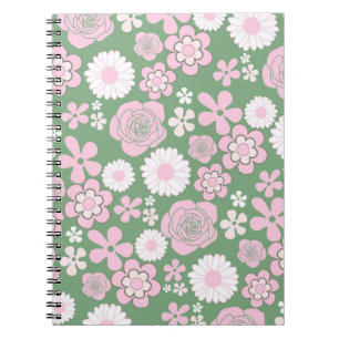 Green Pink White Retro Y2K 70s Flower Pattern Notebook