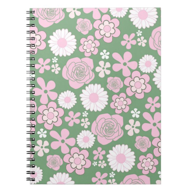Green Pink White Retro Y2K 70s Flower Pattern Notebook (Front)