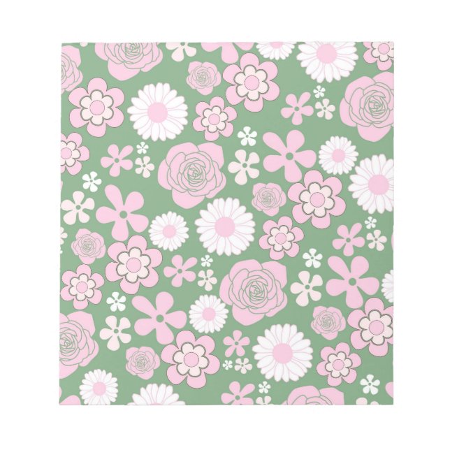 Green Pink White Retro Y2K 70s Flower Pattern Notepad (Front)