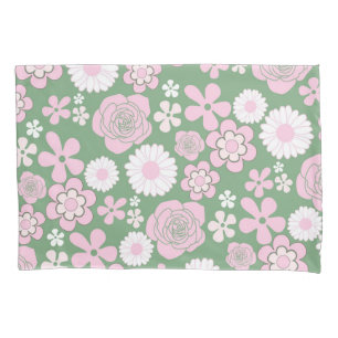 Green Pink White Retro Y2K 70s Flower Pattern Pillowcase