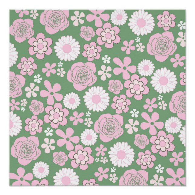 Green Pink White Retro Y2K 70s Flower Pattern Poster (Front)