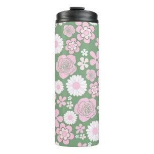 Green Pink White Retro Y2K 70s Flower Pattern Thermal Tumbler
