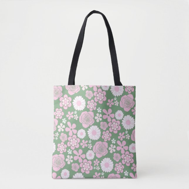 Green Pink White Retro Y2K 70s Flower Pattern Tote Bag (Front)