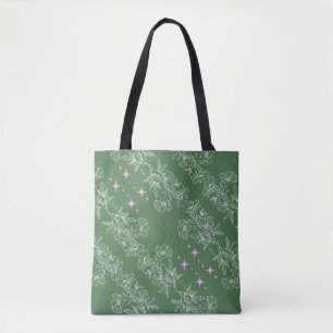 GREEN PINK WHITE SEAMLESS FLOWER PATTERN TOTE BAG