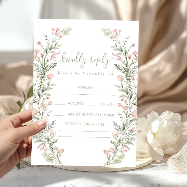 Green pink wildflower floral wedding RSVP cards (Creator Uploaded)