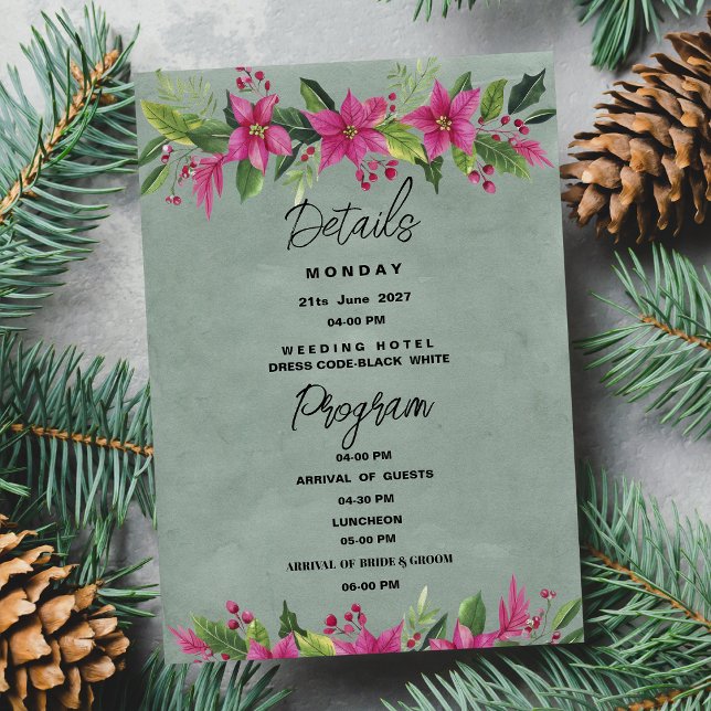 Green pink winter floral Christmas Details Program Invitation (Green pink winter floral Christmas Details Program)