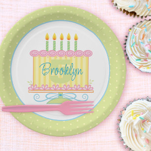 Green Pink Yellow 5th Birthday Cake Name Paper Plate