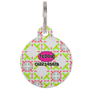 Green Pink Yellow Pet Tag with Name & Number