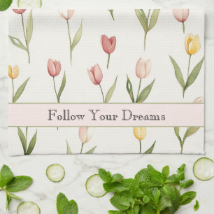 Green Pink Yellow Tulips Daffodils Flowers Dreams Tea Towel