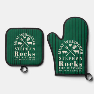 Green Pinstripe Meat Whisperer BBQ Oven Mitt & Pot Holder Set