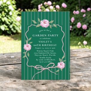 Green Pinstripe Rose Garden Party 60th Birthday Invitation