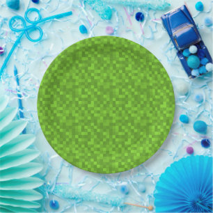 Green Pixel Pattern Retro 8-Bit Gaming Paper Plate