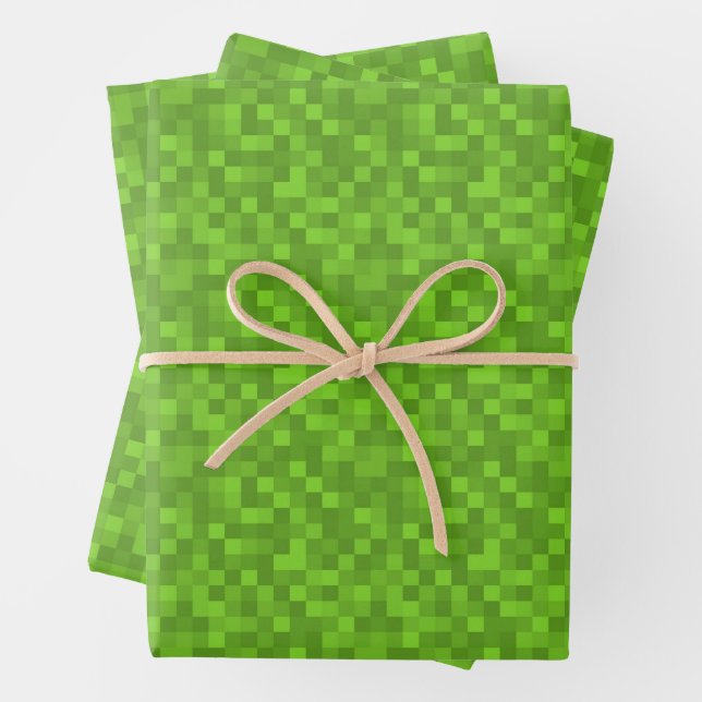 Green Pixel Pattern Retro 8-Bit Gaming Wrapping Paper Sheet (In situ)