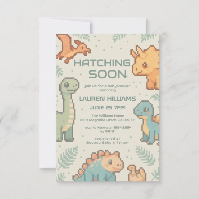 Green Pixelated Dinosaur Baby Shower party boy Invitation (Front)