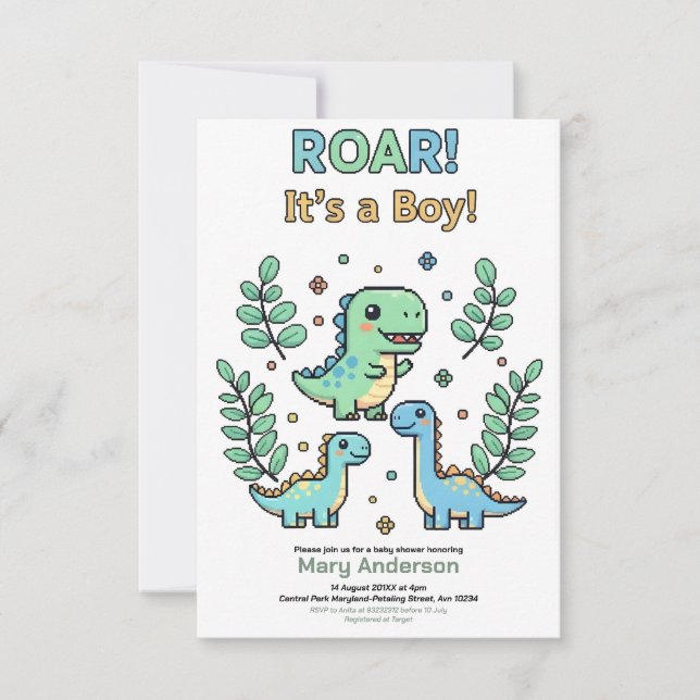 Green Pixelated Dinosaur Baby Shower party boy Invitation (Front)