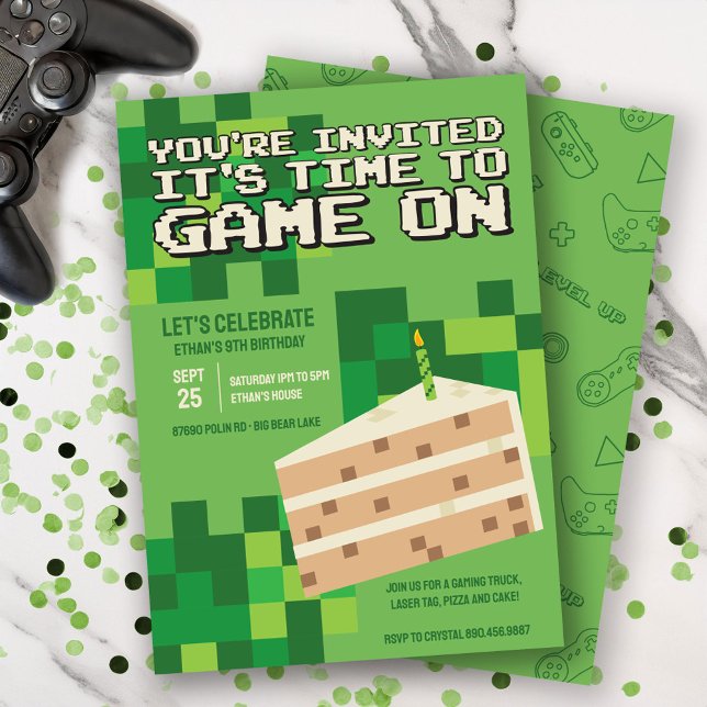 Green Pixelated Gamer Cake Kids Birthday Invitation (Creator Uploaded)