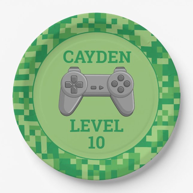 Green Pixelated level up Video Game Birthday Party Paper Plate (Front)