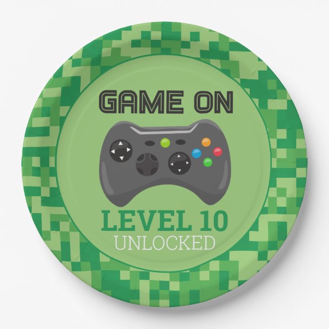 Green Pixelated level up Video Game Birthday Party Paper Plate (Front)