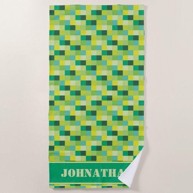Green Pixelated Pattern Gamer | Personalised Beach Towel (Front)
