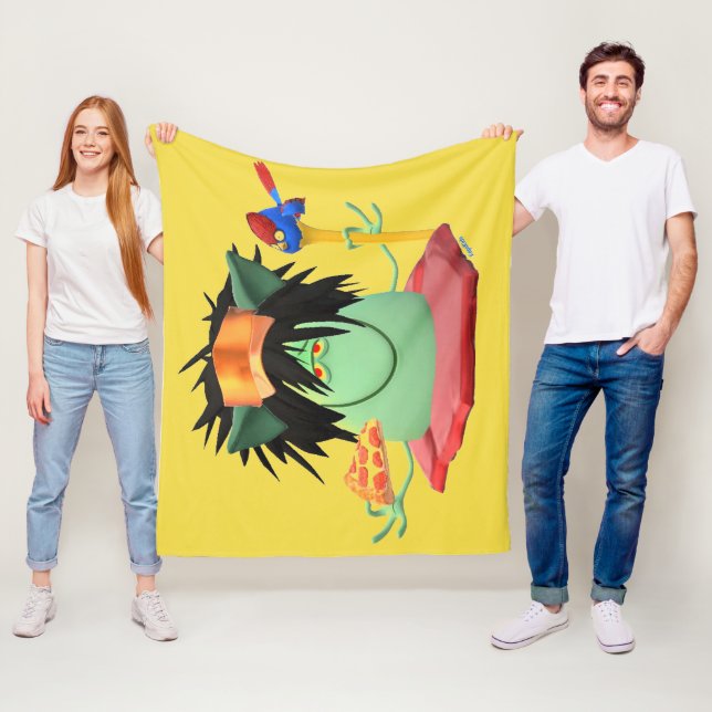Green Pizza Eating Monster Character Fleece Blanket (In Situ)