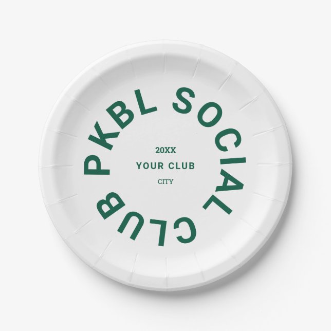 Green PKBL Social Club Crest Pickleball Paper Plate (Front)